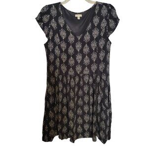 Garnett Hill Size 10 Dress Navy Blue White Decorative Print, Short Sleeve V Neck